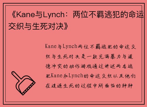 《Kane与Lynch：两位不羁逃犯的命运交织与生死对决》